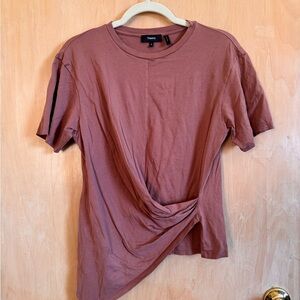 Theory Short-Sleeve Cotton Assymetrical Tee in Dusty Rose